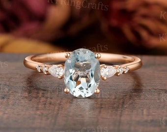 Natural Oval Aquamarine Engagement ring,Vintage Aquamarine Rose Gold ring,Dainty Diamond Cluster ring,March Birthstone ring,Minimalist ring