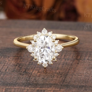 Oval Halo Moissanite Engagement Ring Moissanite Cluster Ring Floral Moissanite Ring Sunburst Ring Solid Gold Ring Vintage Anniversary Ring