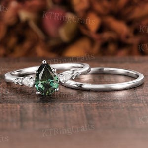 Minimalist Blue Green Sapphire Bridal set: Pear cut Teal Sapphire Ring & Plain Thin Gold Band