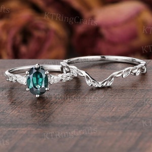 14k Blue Green Sapphire Promise Ring set Nature Inspired Teal Sapphire ring Oval Engagement ring & Leaf Wedding band White Gold Jewelry