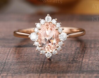 Unique Oval Morganite Engagement Ring,14k Rose Gold Morganite Halo Ring,Diamond Floral Ring,Delicate Ring,Wedding Jewelry for Brides