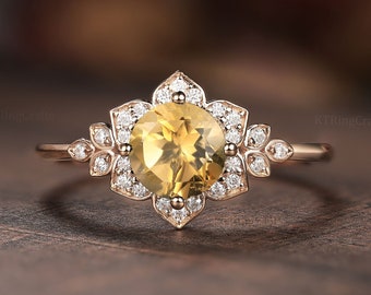 Vintage Flower Halo Engagement Ring Antique Citrine Engagement Ring Rose Gold Unique Anniversary Ring Art deco Moissanite/Diamond Ring