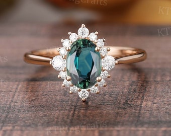 Blauer Saphir Halo Verlobungsring Roségold Vintage Blauer Grüner Saphir und Diamant