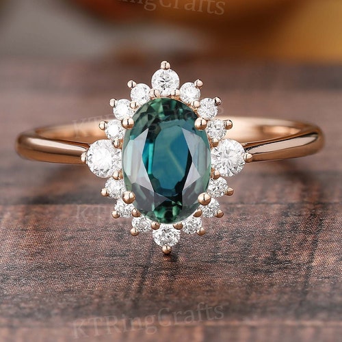 Teal Sapphire Engagement Ring Setblue Green Sapphire | Etsy