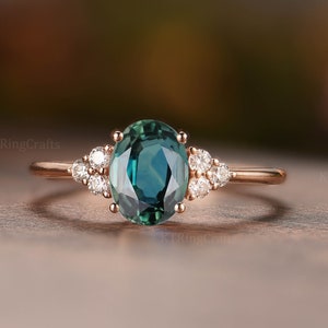 Blue Green Sapphire Engagement Ring,Oval Teal Sapphire Ring,Sapphire Cluster Ring,Seven Stone Ring,Natural Sapphire Ring,Rose Gold Ring