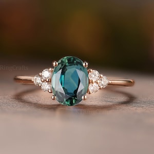 Blue Green Sapphire Engagement Ring,Oval Teal Sapphire Ring,Sapphire Cluster Ring,Seven Stone Ring,Natural Sapphire Ring,Rose Gold Ring