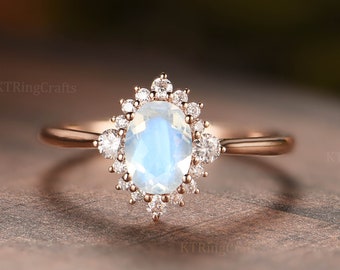 Moonstone Halo Engagement ring,Vintage Moonstone&Diamond ring,Unique Cluster ring,Oval Halo Ring,June Birthstone,Anniversary promise ring