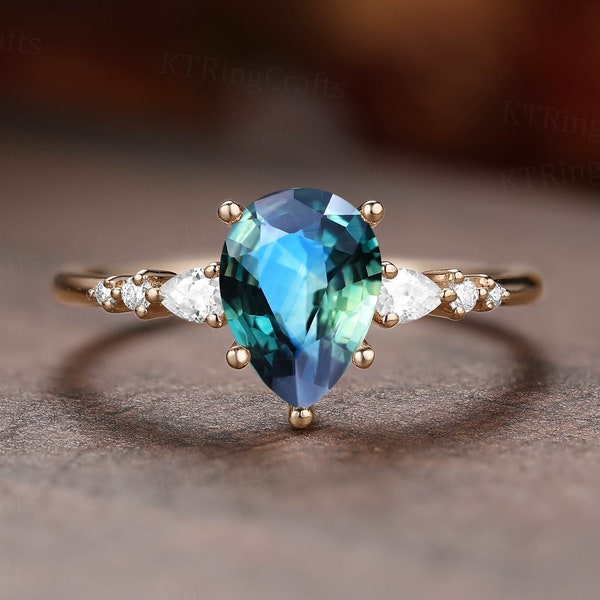 Vintage Teal Sapphire Ring Blue Green Sapphire Engagement Ring Rose Gold Unique diamond ring Pear Stacking ring Wedding Bridal ring
