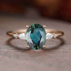 Blue Green Sapphire Engagement ring,Oval Teal Sapphire ring,Vintage Pear Diamond ring,Art Deco Rose Gold ring,Handmade Jewelry,Unique ring