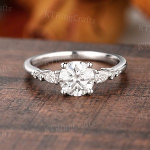 Moissanite Engagement Ring Round,Colorless Moissanite Ring,White Gold Cluster Ring,Pear Accent Ring,Vintage Promise Ring,Handmade Jewelry
