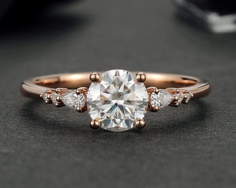 Round Moissanite Engagement Ring, Pear Side Stones, 14K/18K Rose Gold Seven Stone Ring