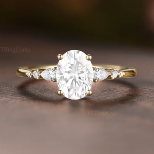 Bague de fiançailles en moissanite de coupe ovale, bague à superposer. Or rose 14 carats / 18 carats, bague vintage unique en forme de grappe de diamants poire, bague de mariage et de mariée image 8