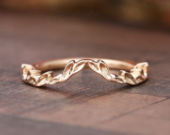 Plain Gold Curved Wedding Band, Leaf Branch Wedding Ring, Vintage Art deco Rose Gold Ring, Matching band, Unique Bridal Ring, Handmade Ring