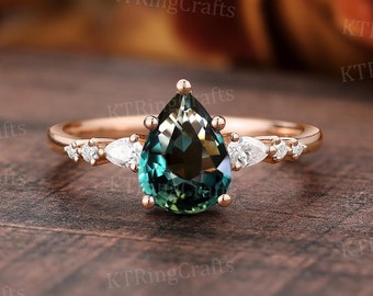 Blue Green Sapphire Engagement ring,Natural Teal Sapphire Engagement ring,Pear cut Rose Gold ring,Unique Seven stone ring,Handmade ring
