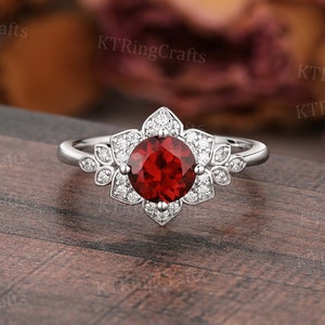 Round cut Garnet Floral Engagement Ring,Vintage Garnet Halo Ring,White Gold Diamond Ring,Unique Flower Ring,January Birthstone,Bridal Ring