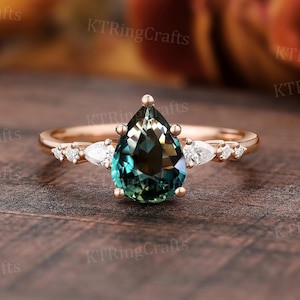 Blue Green Sapphire Engagement ring,Natural Teal Sapphire Engagement ring,Pear cut Rose Gold ring,Unique Seven stone ring,Handmade ring