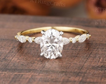 Unique Oval Moissanite Engagement Ring,Moissanite Hidden Halo Ring,Vintage Two Tone Gold Ring,Marquise Diamond Ring,Bridal Promise Ring