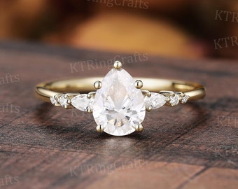 Pear cut Moissanite Engagement ring,Teardrop Moissanite ring,Art Deco Yellow Gold ring,Unique Diamond Cluster ring,Vintage Handmade Jewelry