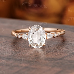 Oval White Sapphire Engagement ring,Antique White Sapphire Bridal ring,Diamond Cluster ring,Rose Gold ring,Minimalist ring,Wedding Gift