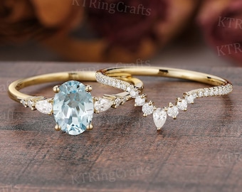 Vintage Aquamarine Engagement Ring set,Oval Aquamarine Ring,Blue Gemstone Ring,Antique Yellow Gold Ring,Curved Diamond Ring,Art Deco Ring