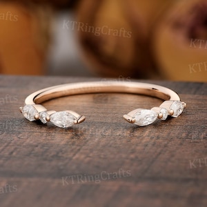 Moissanite Gap Wedding Band,Unique Marquise Moissanite Ring,Open Wedding Band,14k Rose Gold Ring,Dainty Matching Ring,Bridal Promise Ring