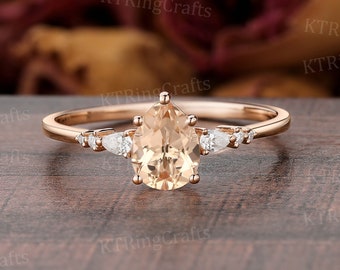 Pear shaped Morganite Engagement ring,14k Rose Gold Morganite ring,Vintage Diamond ring,Art Deco ring,Seven Stone ring,Bridal ring for her