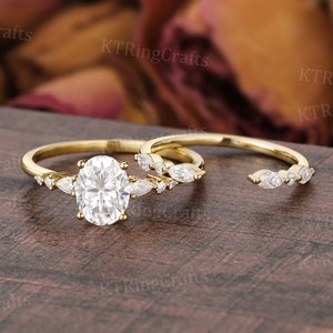 Unique Oval Moissanite Engagement Ring set,Solid Yellow Gold Moissanite Bridal Ring,Open Wedding Band,Marquise Diamond Ring,Promise Ring set