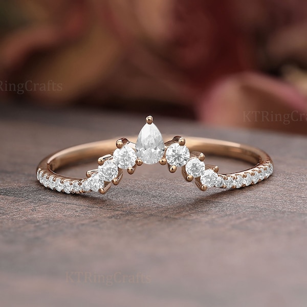 Curved wedding band Antique Moissanite Wedding ring Pear cut Rose Gold Unique Matching ring Half eternity Anniversary Stacking dainty band