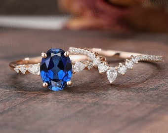 Vintage Sapphire Engagement Ring Set, Oval Sapphire Diamond Ring, Blue Gemstone Ring, Crown Ring, Rose Gold Wedding Set,September Birthstone