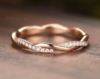 Unique Twisted Shank Wedding Band Solid Rose Gold Matching Delicate Dainty Ring Stacking Full Eternity Bridal Wedding band Infinity band