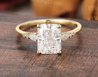 Radiant cut Moissanite Engagement Ring,Unique 14k Yellow Gold Moissanite Ring,Radiant Shaped Ring,Seven Stone Ring,Promise Anniversary Gift