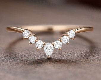 Curved Wedding Band Antique Moissanite Wedding Ring Pear cut Moissanite Wedding Band Rose Gold Unique Matching ring Anniversary dainty band