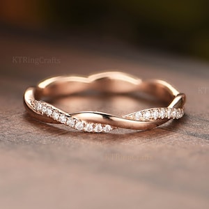 Unique Twisted Shank Wedding Band Solid Rose Gold Matching Delicate Dainty Ring Stacking Full Eternity Bridal Wedding band Infinity band