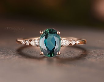 Grün-Blau-Saphir-Verlobungsring, Ovalschliff-Teal-Saphir-Verlobungsring, Vintage-Einzigartige Birnen-Diamant-Stacking-Ring.Rose Gold-Brautring