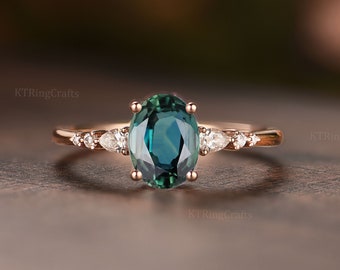 Green Blue Sapphire Engagement Ring,Oval cut Teal Sapphire Engagement ring,vintage Unique pear diamond Stacking ring.Rose Gold Bridal ring