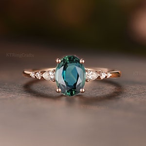 Green Blue Sapphire Engagement Ring,Oval cut Teal Sapphire Engagement ring,vintage Unique pear diamond Stacking ring.Rose Gold Bridal ring