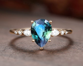 Pear cut Teal Sapphire Engagement Ring,Antique 14K Rose Gold Natural Sapphire Ring,Diamond Cluster ring,Unique Teardrop ring,Gift for Her