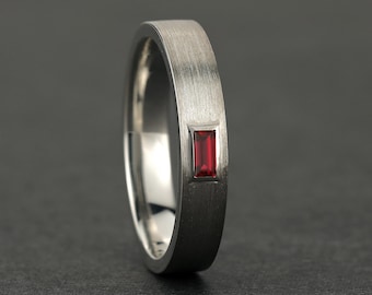 Men's Ruby Wedding Band, Baguette Lab Ruby Ring, Brushed Wedding Ring
