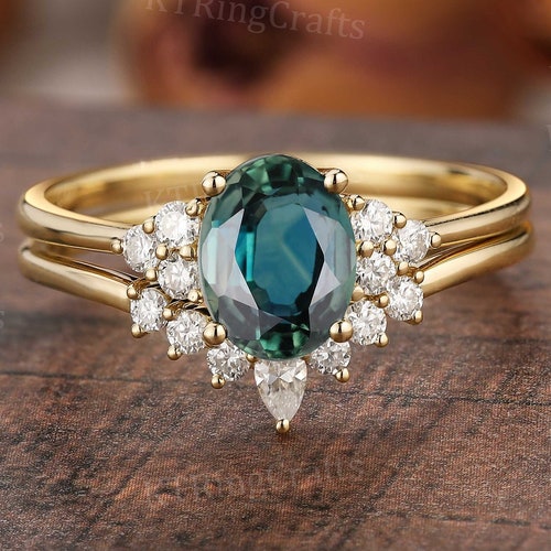 Blue Green Sapphire Engagement Ring Setvintage Teal Sapphire - Etsy