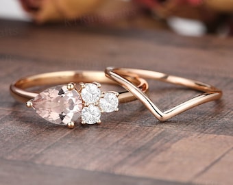 Art Deco Pear Morganite Engagement Ring set,Rose Gold Moissanite Cluster ring,East to West Dainty Morganite ring,V Shaped band,Birthday Gift