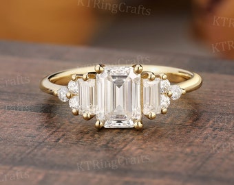 vintage Emerald cut Moissanite Engagement Ring, 14k Yellow Gold Moissanite Ring, Unique Emerald Shape Ring, Diamond Ring, Bridal Promise ring
