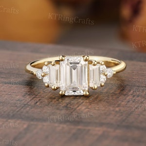 Vintage Emerald cut Moissanite Engagement Ring,14k Yellow Gold Moissanite Ring,Unique Emerald Shape Ring,Diamond Ring,Bridal Promise ring