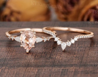 Ensemble de bagues de fiançailles en morganite délicate, bague unique en morganite poire, bague diamant en or rose, alliance incurvée, ensemble de bagues pour promesse d'anniversaire