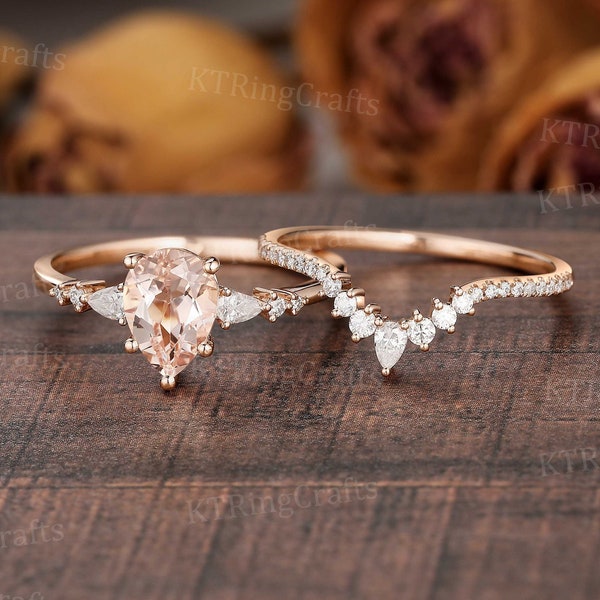 Conjunto de anillos de compromiso de morganita delicado, anillo de morganita de pera único, anillo de diamantes de oro rosa, alianza de boda curva, conjunto de anillos de promesa de aniversario
