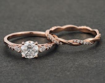 Moissanite Engagement Ring Set, Round Moissanite Engagement Ring, Rose Gold Wedding Ring Set, Diamond Cluster Bridal Set