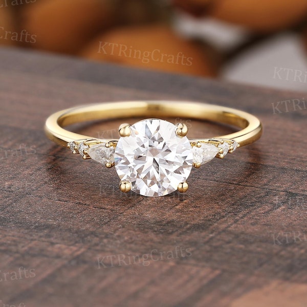 Moissanite Engagement Ring Yellow Gold,Round Cut Moissanite Ring,Art Deco Ring Vintage,Unique Cluster Ring,Seven Stone Ring,Promise Ring