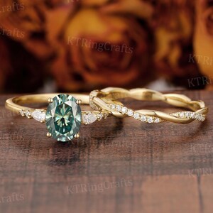 Green Moissanite Engagement Ring Set: Oval Cut, 14K Gold Infinity Band
