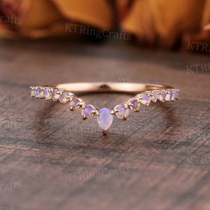 Vintage Opal Wedding band 14k Rose Gold Curved Wedding ring October Birthstone ring V Shape band Half-Eternity Stacking band Gift for her