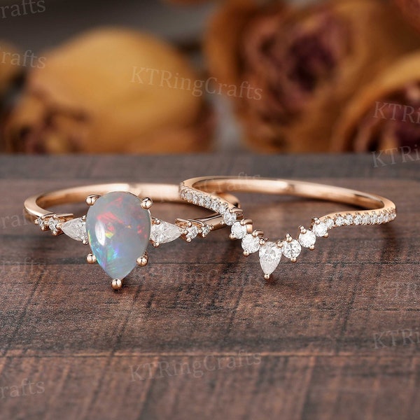 Pear Shaped Opal Engagement Ring set,Vintage Opal Ring,Solid Rose Gold,Curved Diamond Ring,October Birthstone,Matching ring,Bridal set Women