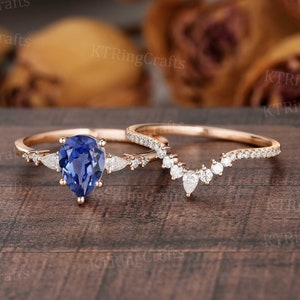 Pear Cut Blue Sapphire Bridal Set for Women Rose Gold lab Grown Sapphire Engagement Ring with Diamond Wedding Band Anniversary Memorial Ring